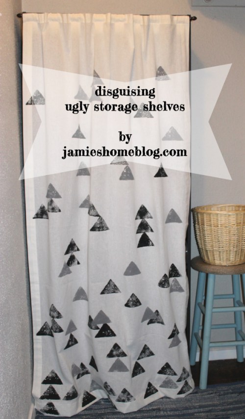 disguise ugly storage shelves with a curtain