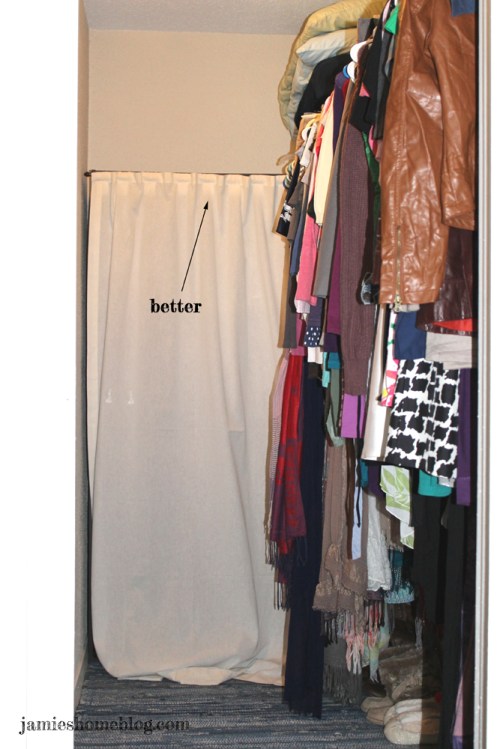 disguise ugly storage shelves with a curtain