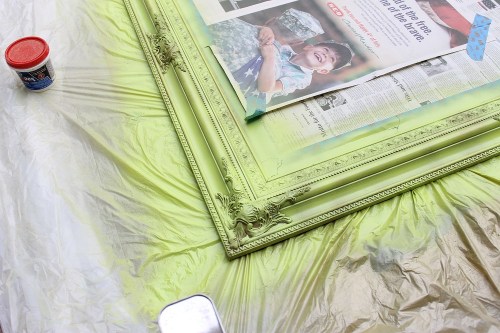 green spray painted ornate antique mirror